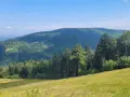 Zielone, zalesione wzgórza Myślenic pod błękitnym niebem. Słoneczna polana na pierwszym planie.
