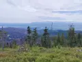 Widok z Rabki Zdrój na Tatry. W oddali majaczą ośnieżone szczyty, a bliżej zielone doliny i lasy.