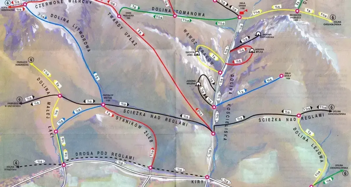 Mapa turystyczna Tatr z zaznaczonymi szlakami z Doliny Kościeliskiej, prowadzącymi przez malownicze doliny i wierzchołki.
