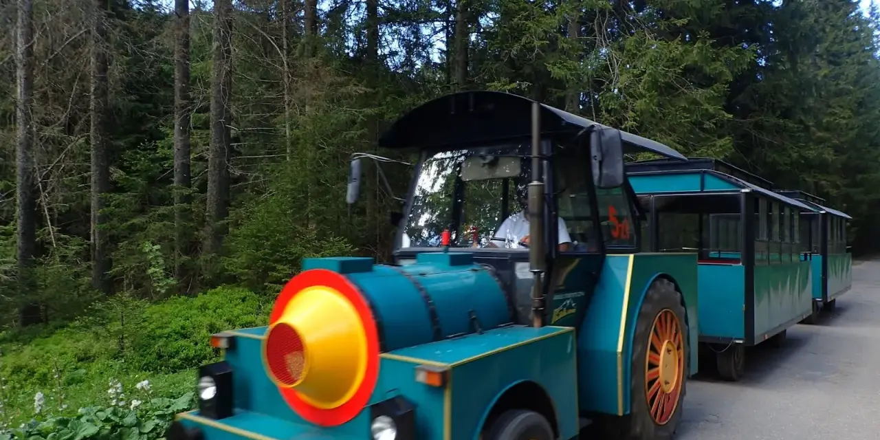 Turkusowa ciuchcia z wagonikami w Dolinie Chochołowskiej. Sprawdź dolina chochołowska kolejka cennik, by poznać ceny przejazdu.