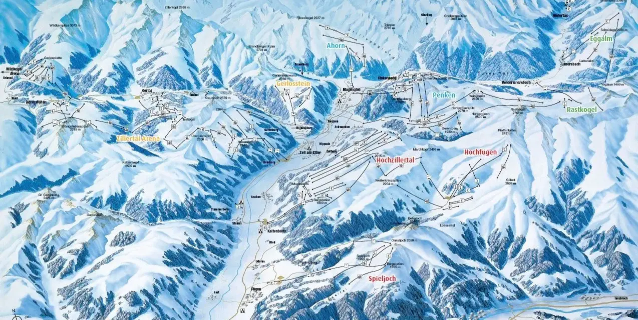 Mapa narciarska Zillertal z zaznaczonymi trasami, wyciągami i szczytami.