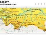 Mapa Polski z zaznaczonymi Karpatami, gdzie leżą Beskidy Wysokie, Tatry i Bieszczady, z miastami jak Kraków, Rzeszów i Zakopane.