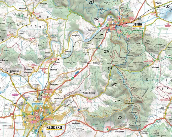 Mapa turystyczna Ziemi Kłodzkiej z zaznaczonymi szlakami, miejscowościami i zabytkami. Odkryj atrakcje regionu!