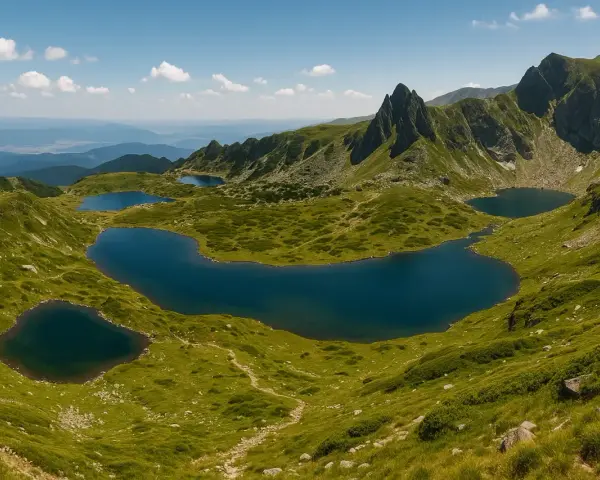 Siedem Jezior Rilskich, Bliźniacze jeziora w górach Rila, otoczone zielonymi zboczami i skalistymi szczytami.