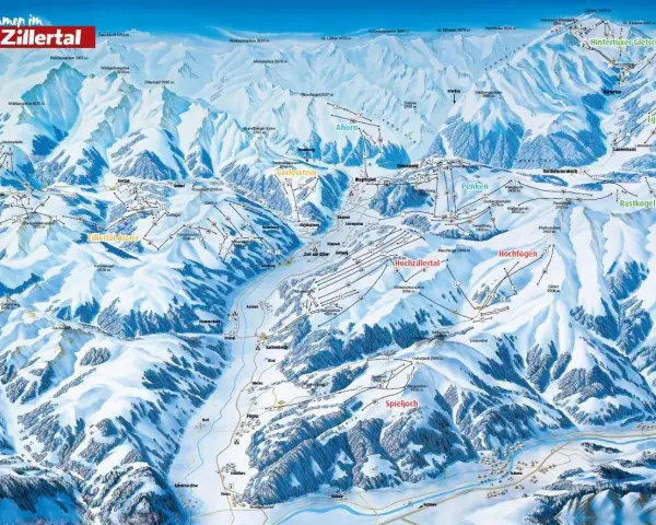 Mapa narciarska Zillertal z zaznaczonymi trasami, wyciągami i szczytami.