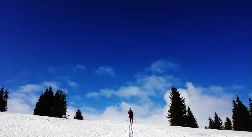 Narciarz podziwia widok na ośnieżone **Sudety** pod błękitnym niebem.
