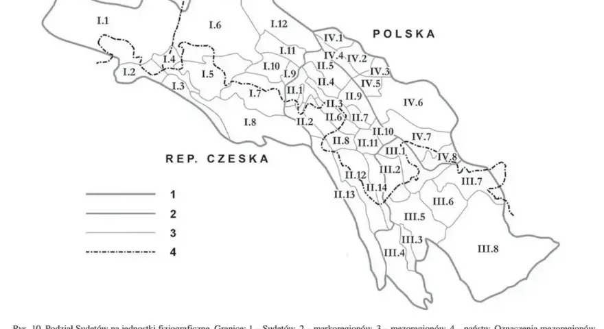 Podział gór w Polsce: mapa Sudetów z zaznaczonymi mezoregionami i granicami państwowymi.