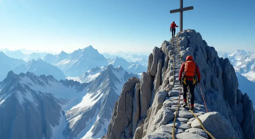 Wspinacze na skalnej grani, pokonując trudną kolejkę na Giewont. W tle rozciągają się ośnieżone szczyty Tatr.