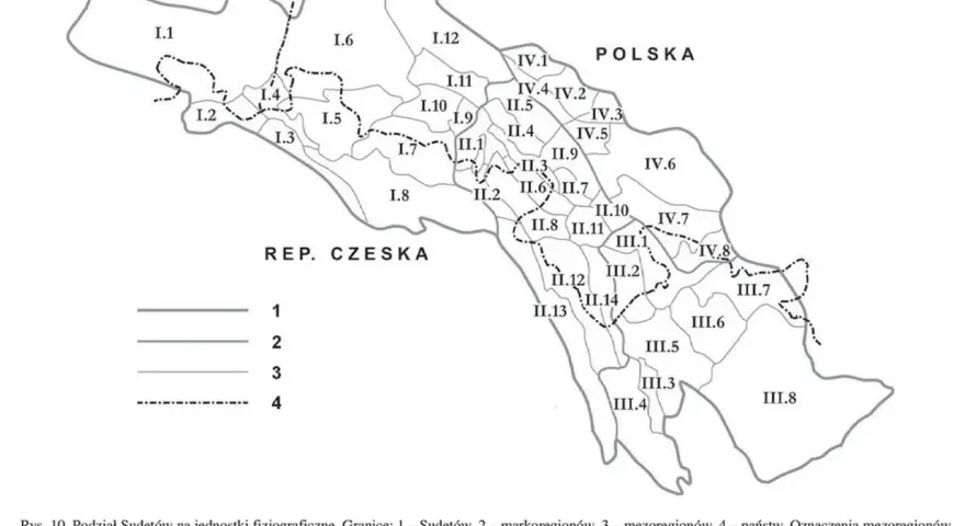 Mapa pokazuje, gdzie są Sudety, podzielone na jednostki fizjograficzne, z granicami państw i regionów.
