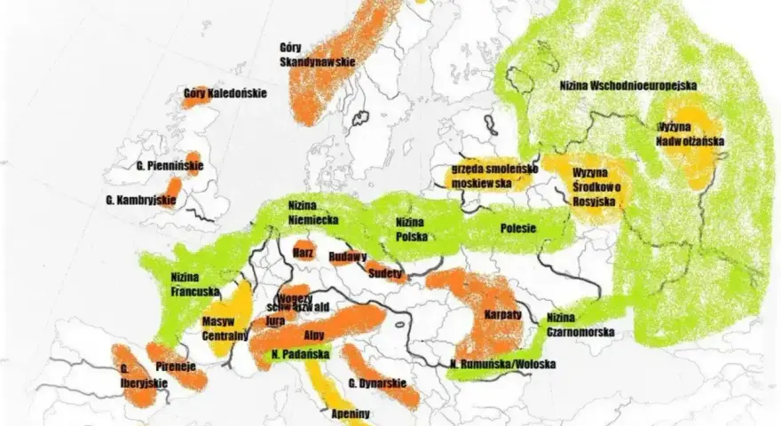 Mapa Europy z zaznaczonymi pasmami górskimi, nizinami i wyżynami. Kolory wskazują różne typy ukształtowania terenu.