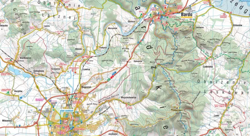 Mapa turystyczna Ziemi Kłodzkiej z zaznaczonymi szlakami, miejscowościami i zabytkami. Odkryj atrakcje regionu!