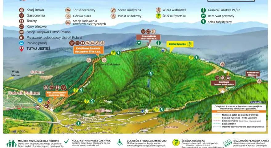 Mapa turystyczna Czantorii Wielkiej z zaznaczonymi szlakami, kolejką linową i punktami widokowymi. Ustronie Górskie oferuje wiele atrakcji.