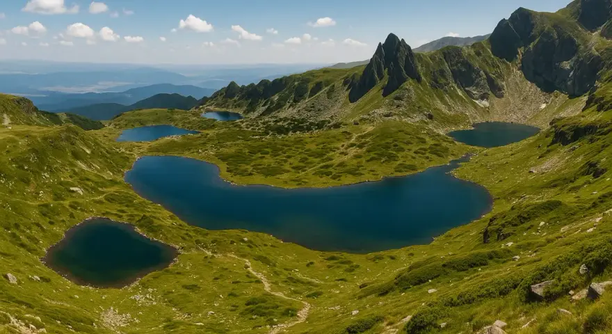 Siedem Jezior Rilskich, Bliźniacze jeziora w górach Rila, otoczone zielonymi zboczami i skalistymi szczytami.