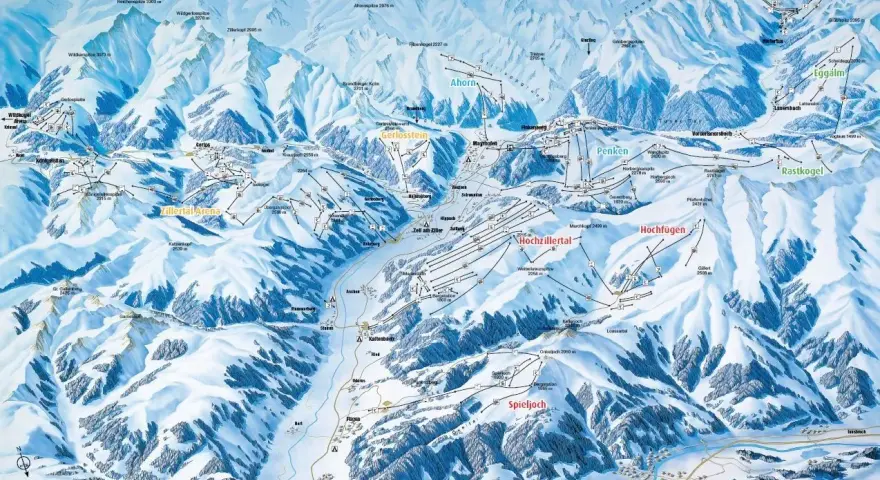 Mapa narciarska Zillertal z zaznaczonymi trasami, wyciągami i szczytami.