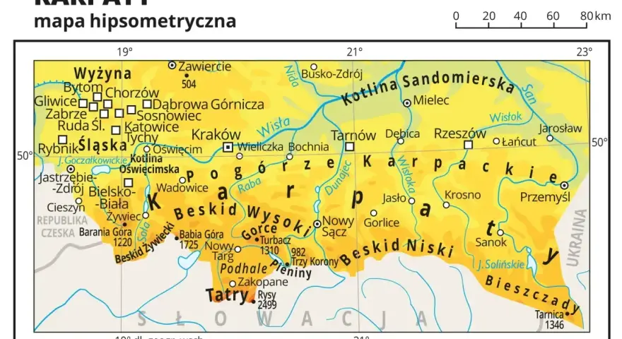 Mapa Polski z zaznaczonymi Karpatami, gdzie leżą Beskidy Wysokie, Tatry i Bieszczady, z miastami jak Kraków, Rzeszów i Zakopane.