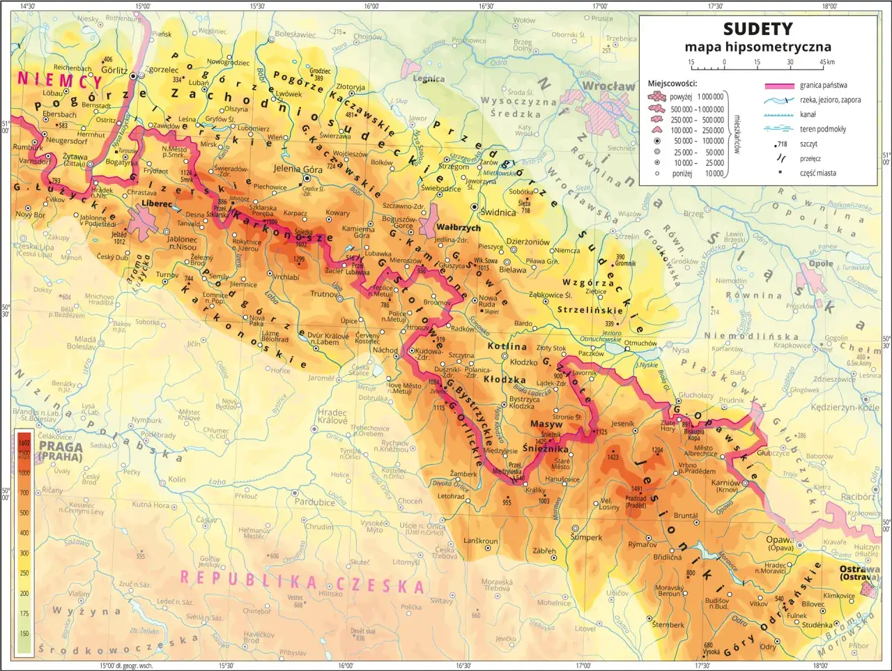 Mapa Polski z zaznaczonymi pasmami górskimi i ikonami śniegu