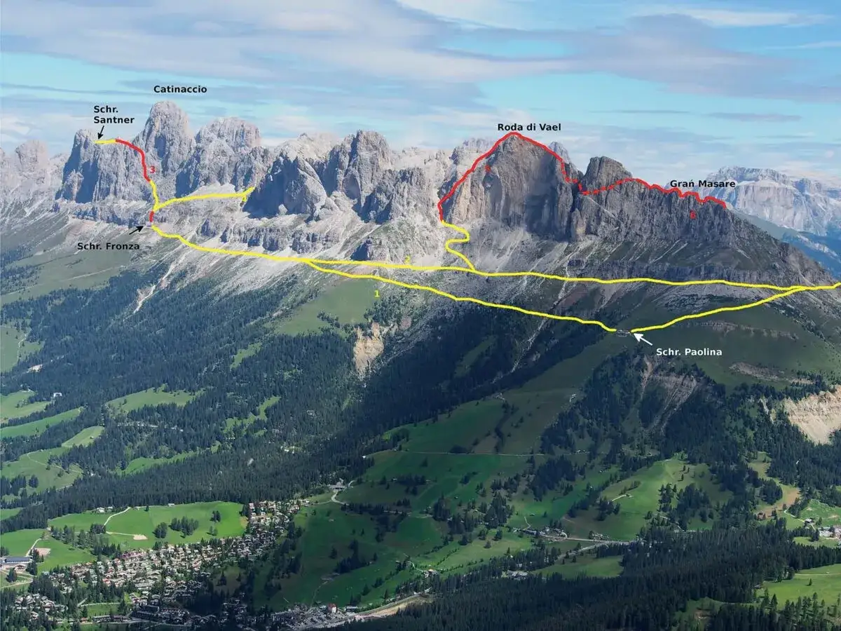 Trasy via ferrata w Dolomitach: Catinaccio, Roda di Vael, Gran Masare. Widok na schroniska Santner, Fronza i Paolina.