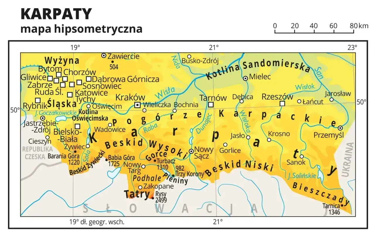 Mapa Polski z zaznaczonymi Karpatami, gdzie leżą Beskidy, Tatry i Bieszczady. Widoczne miasta: Kraków, Rzeszów, Przemyśl.