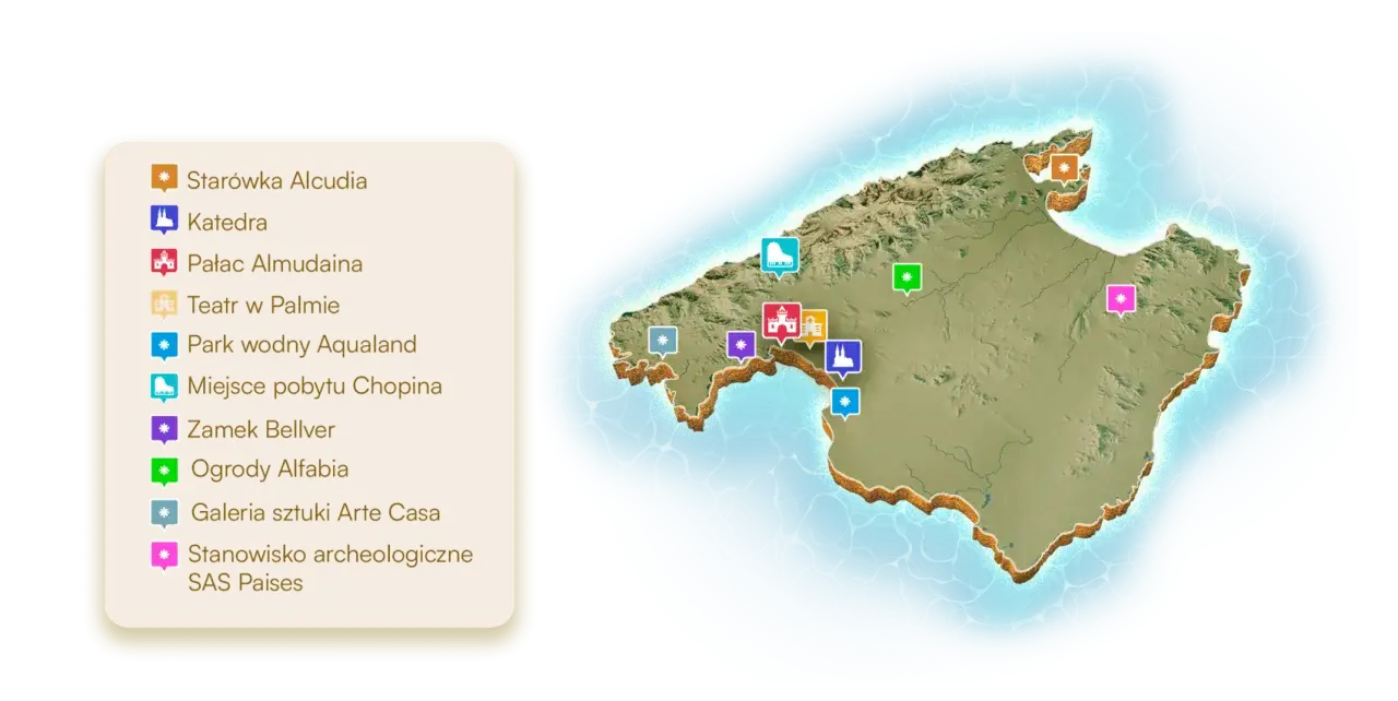 Mapa region&oacute;w Majorki z zaznaczonymi miastami