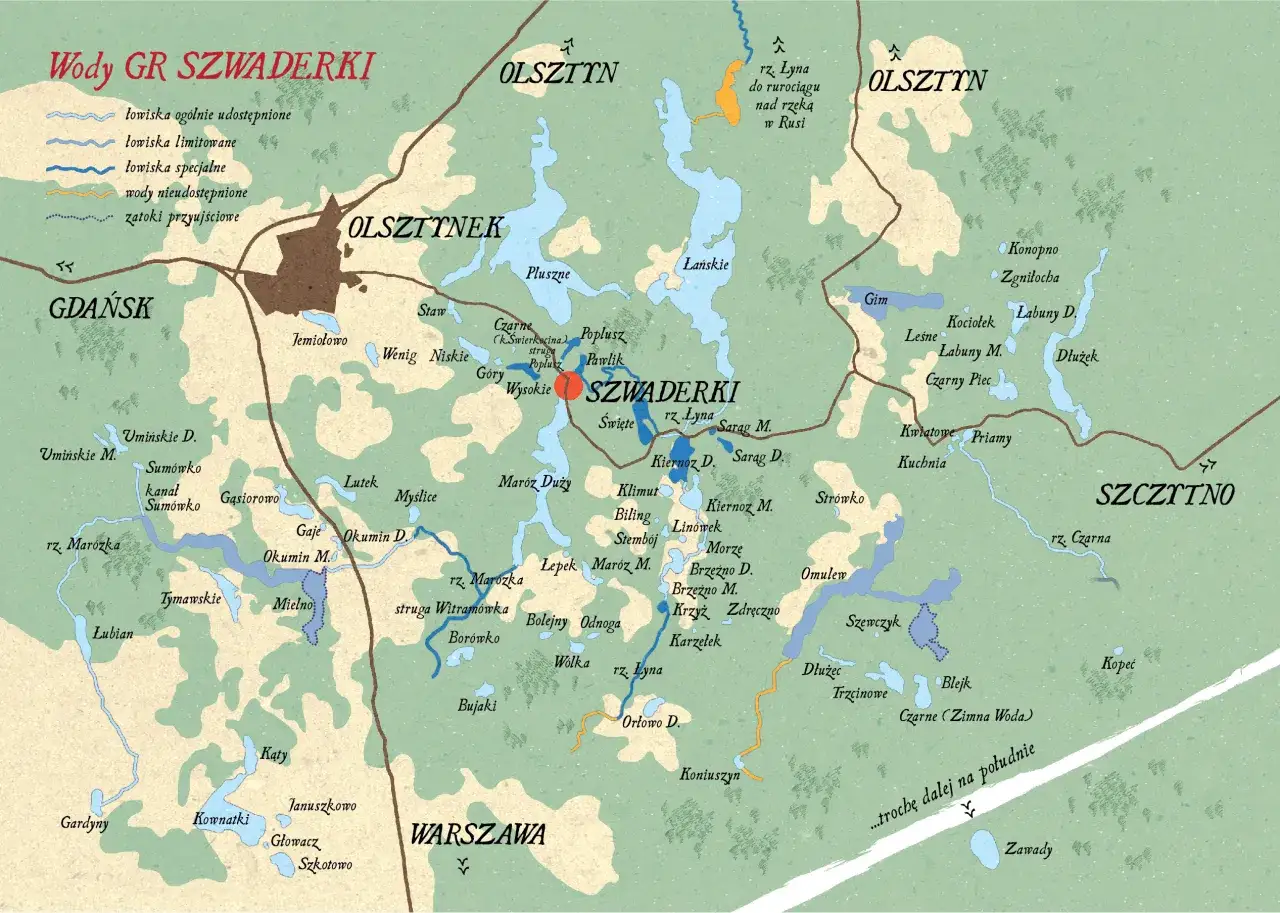 Mapa Polski z oznaczonymi regionami wędkarskimi i łowiskami