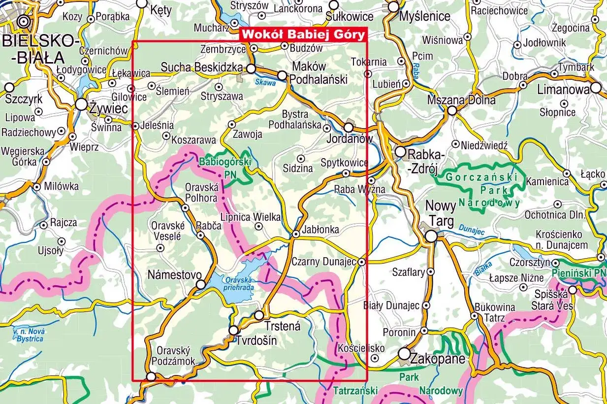 Mapa dojazdu na Babią G&oacute;rę z zaznaczonymi punktami startowymi