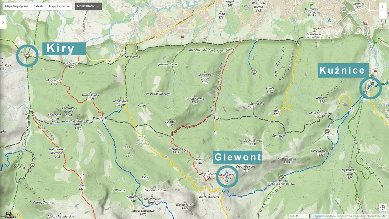 Mapa szlak&oacute;w na Giewont, por&oacute;wnanie tras