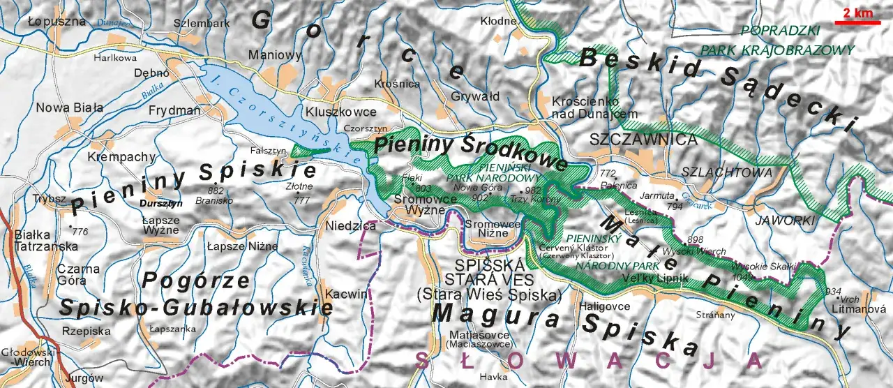 Mapa Pienin z zaznaczonymi miejscowościami noclegowymi
