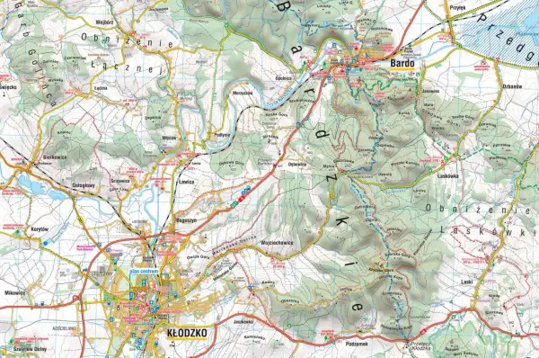 Mapa turystyczna Ziemi Kłodzkiej z zaznaczonymi szlakami, miejscowościami i zabytkami. Odkryj atrakcje regionu!