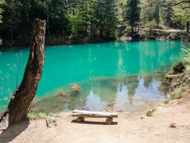 Turkusowe jezioro otoczone lasem, z drewnianą ławką i pniem drzewa. Idealne miejsce na odpoczynek w górach koło Wrocławia.
